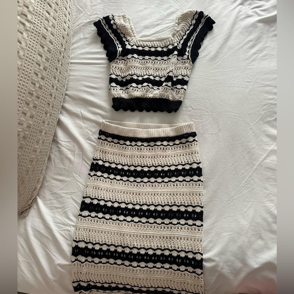 Black & Cream Crochet Knit Midi Skirt Set